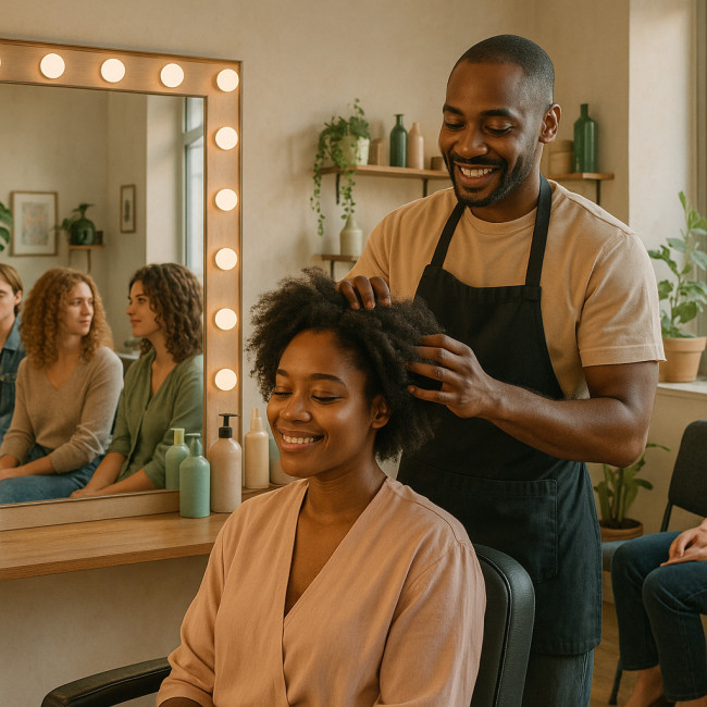 Salon de coiffure inclusif avec différentes textures de cheveux