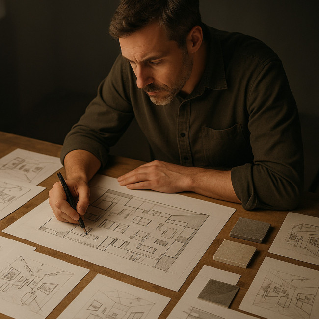 Un scénographe annote un plan d'exposition