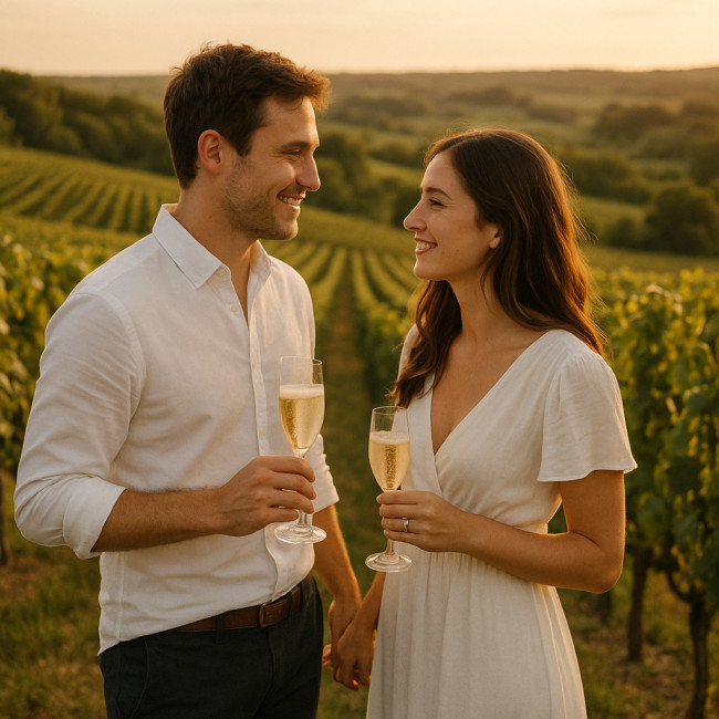 Couple dans les vignobles de Touraine au coucher du soleil