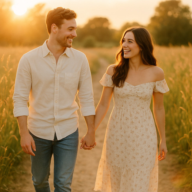 Couple en séance engagement au coucher du soleil