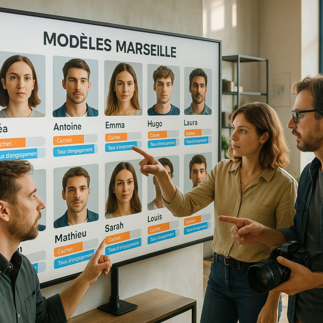 Équipe examinant des profils de mannequins marseillais sur un grand écran