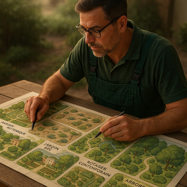 paysagiste analysant une carte stratégique de jardins