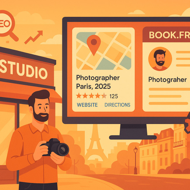 illustration d'un photographe optimisant son SEO local via Google Maps et un annuaire