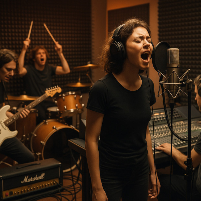 Session d'enregistrement pop-rock dans un studio professionnel