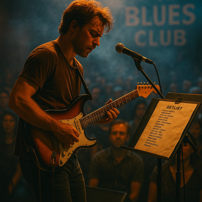 Guitariste blues 2025 présentant sa setlist sur scène