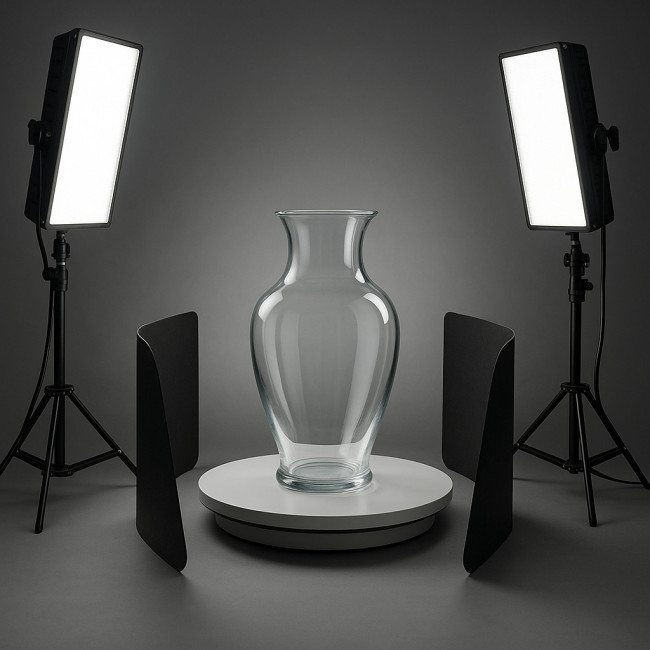Set-up studio pour photographier une pièce en verre soufflé