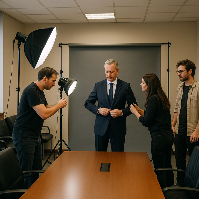 coulisses d'un shooting corporate avec installation lumière