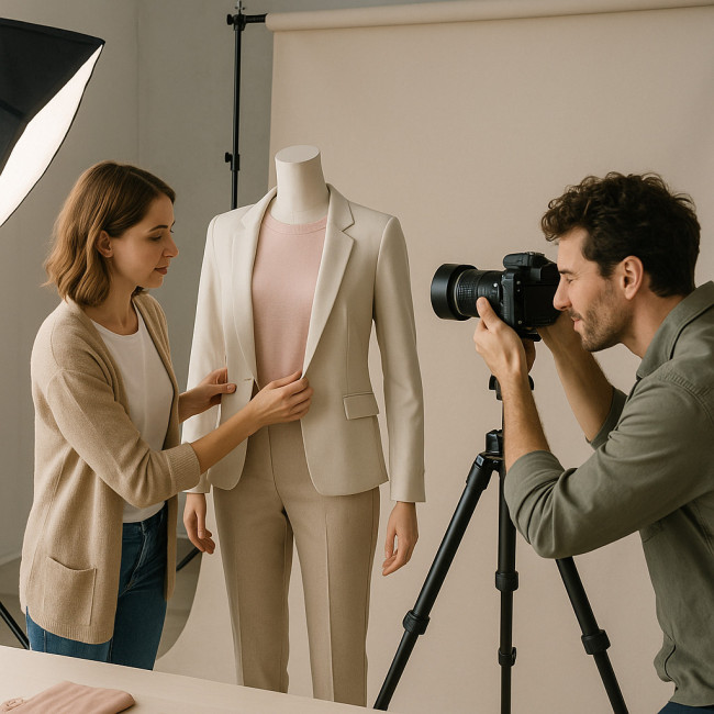 Stylisme e-commerce sur plateau de shooting