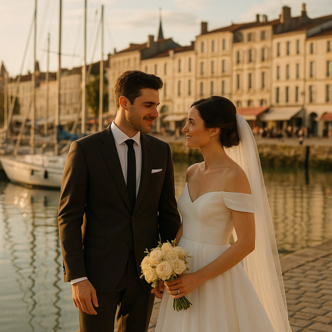 Couple de mariés au Vieux Port au coucher du soleil