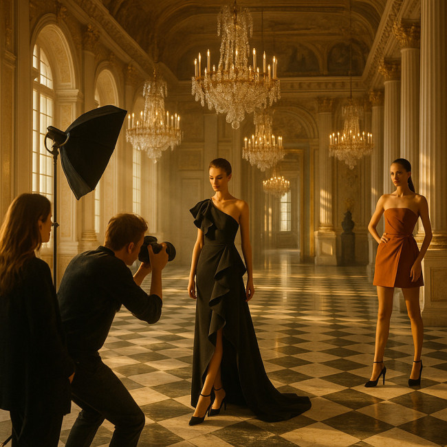 Photographe en pleine séance photo dans un palace versaillais