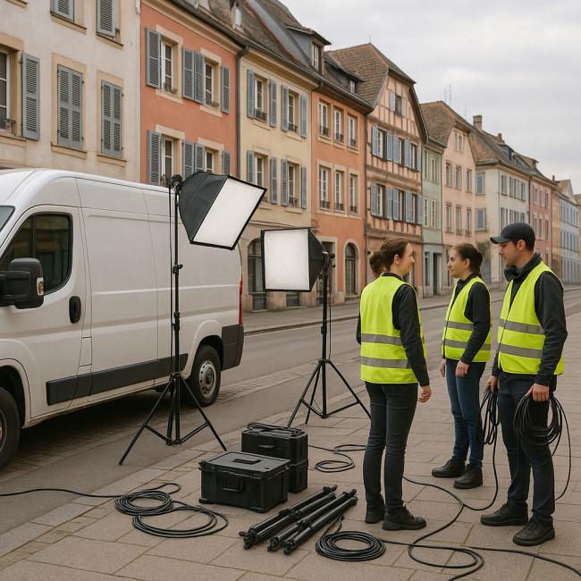 Équipe photo organisant le matériel dans une rue de Mulhouse