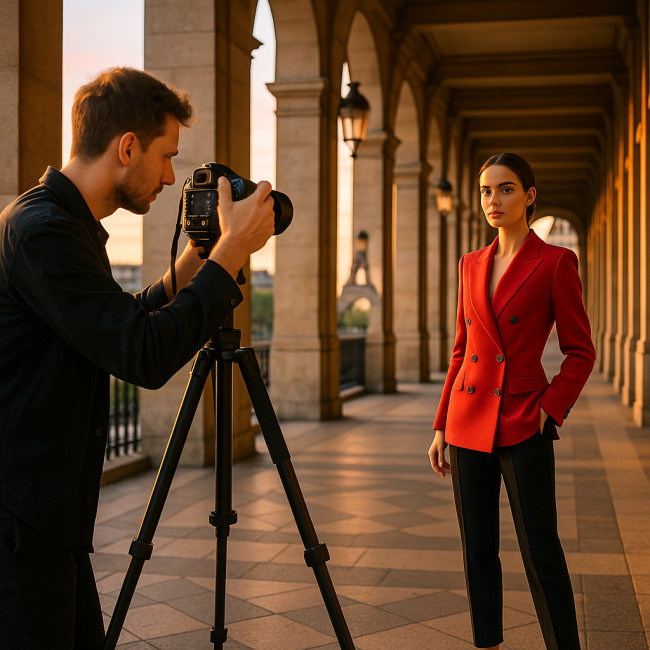 photographe et modèle lors d'un shooting street à Paris, Palais-Royal