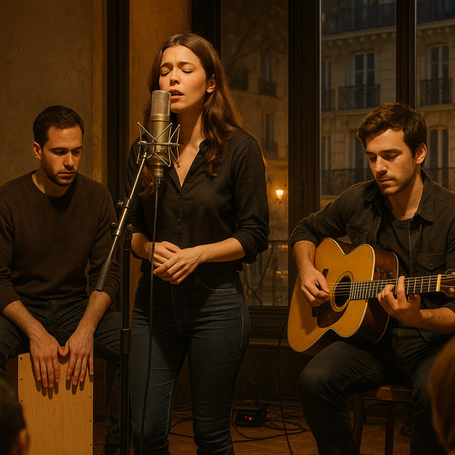 Trio pop-rock acoustique sur scène intime