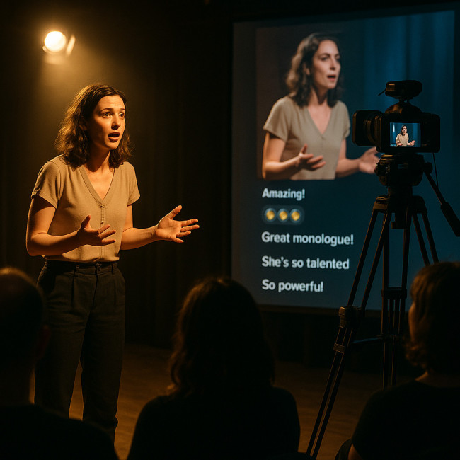 Comédienne jouant un showcase hybride devant public et caméra