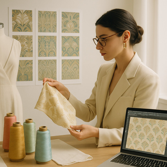 Styliste moderne travaillant avec des archives de soieries lyonnaises dans un atelier design