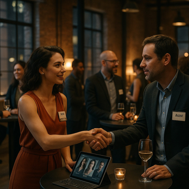 Artistes et agents se serrant la main lors d'une soirée networking