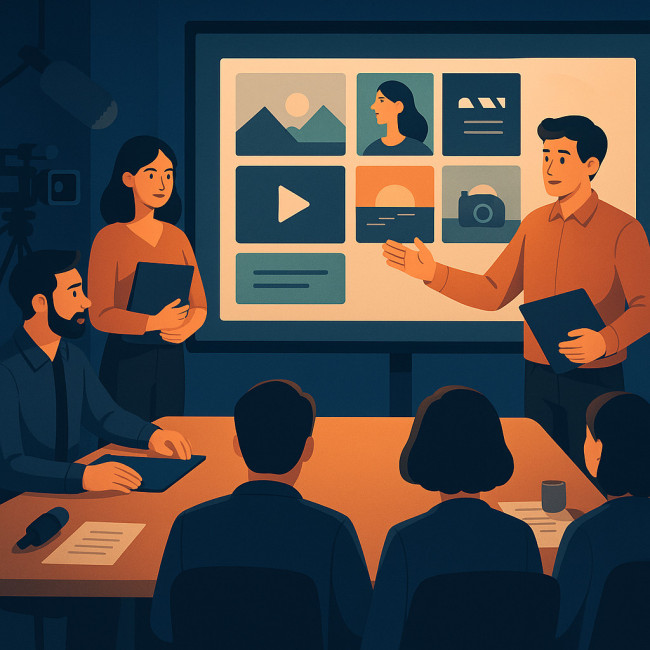 Équipe de production présentant son projet vidéo à un jury