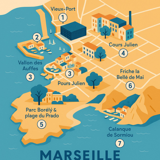 carte illustrée des 7 spots photo autorisés à Marseille