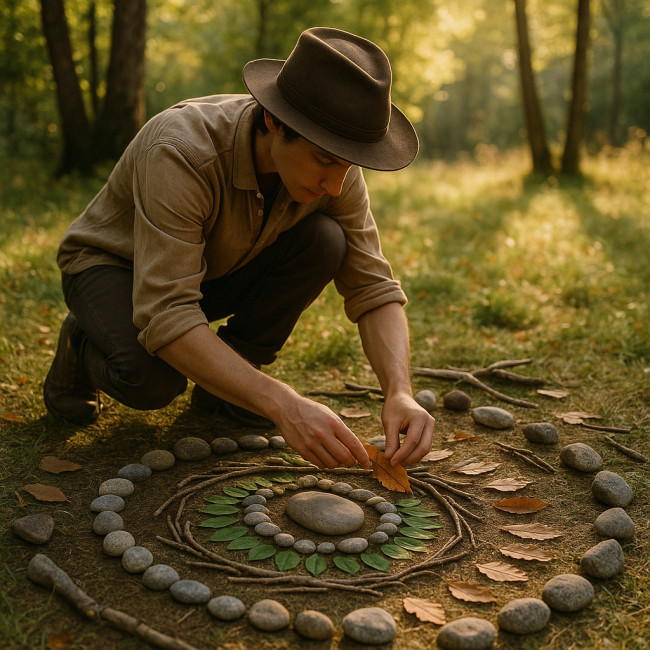 artiste créant une œuvre de land art écoresponsable