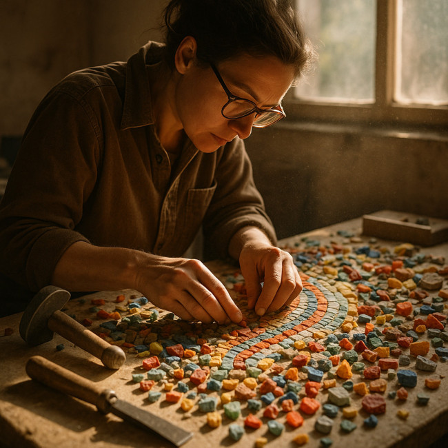 Artisan mosaïste concentré sur son travail dans l'atelier