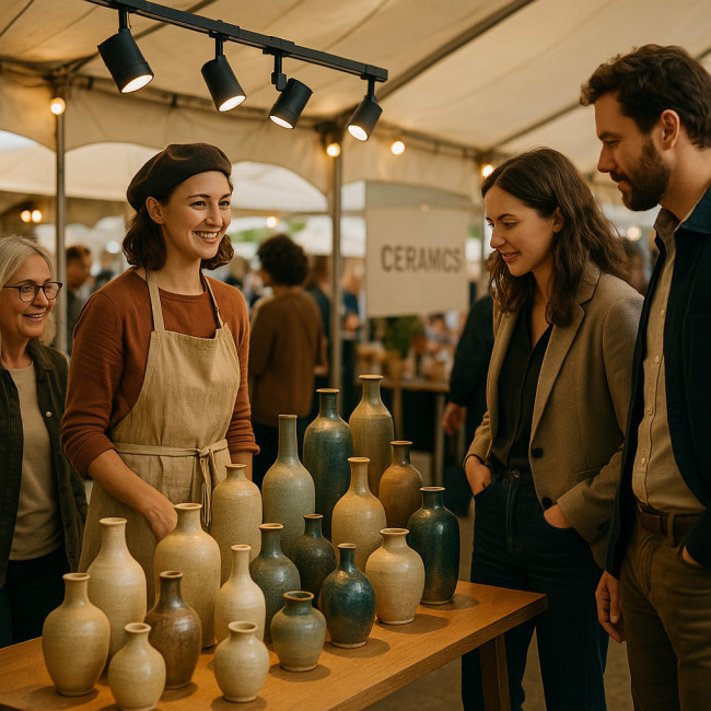 Stand de céramiste fréquenté lors d'un festival
