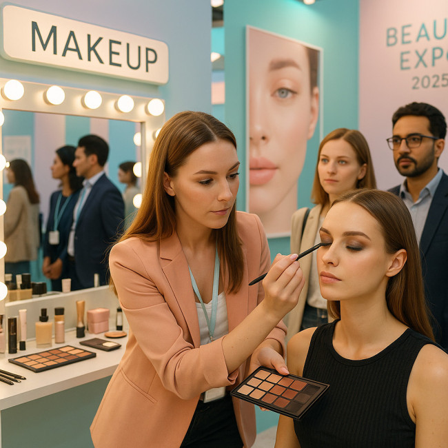 Stand maquilleur animé sur un salon beauté