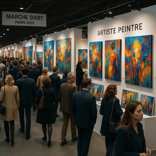 Stand d'un peintre contemporain au Marché d'Art de Paris