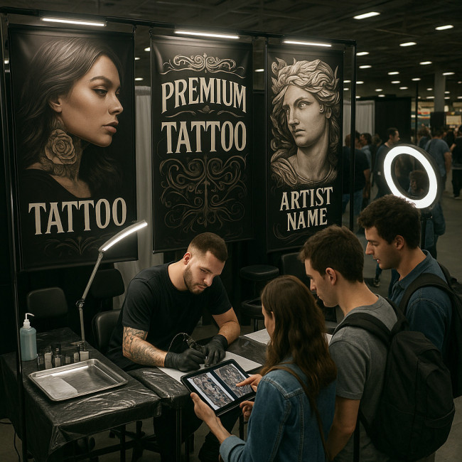 Stand de tatoueur bien aménagé lors d'une convention