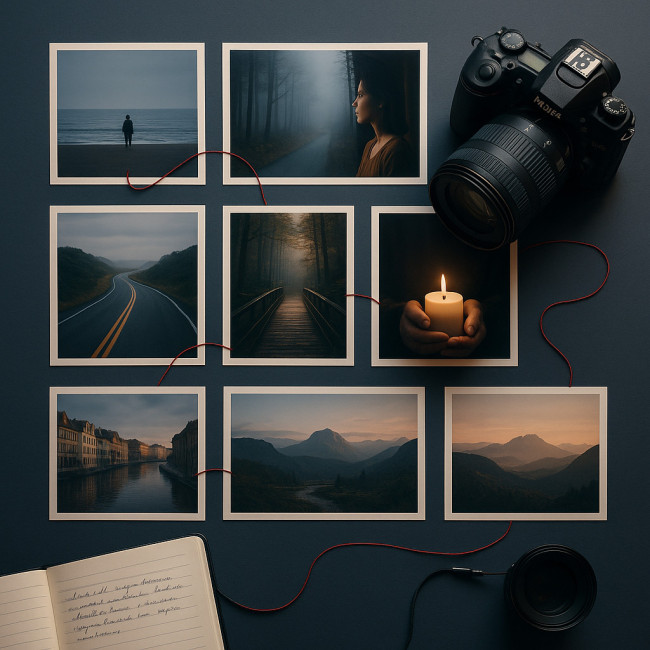 Concept visuel illustrant le fil rouge narratif d'un portfolio