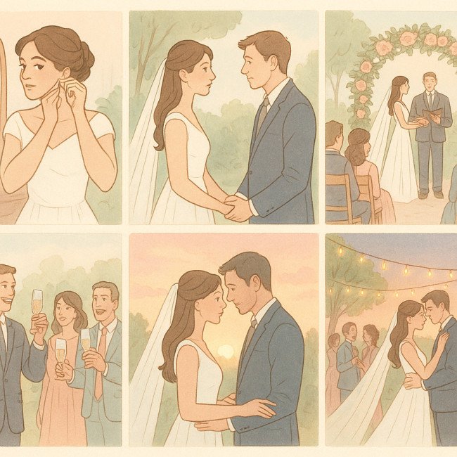 frise chronologique illustrant les 6 actes d'un reportage mariage