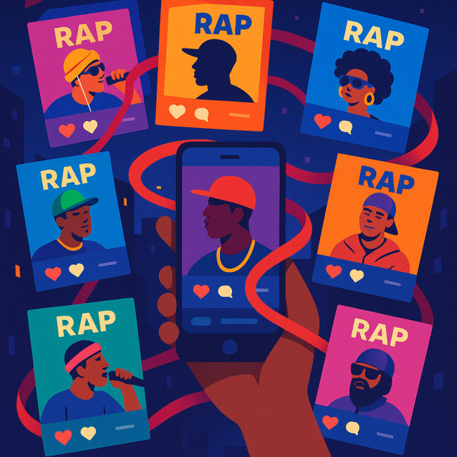 flux réseaux saturé de sorties rap relié par un fil narratif