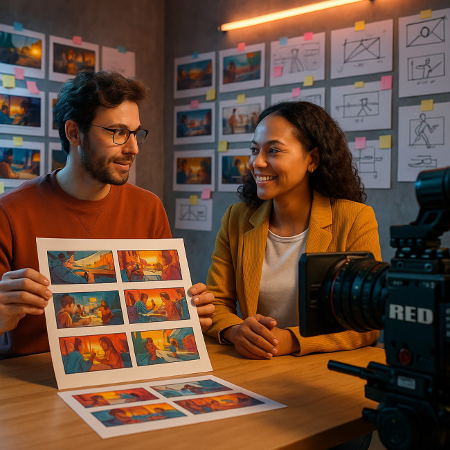 Vidéaste et responsable de marque travaillant sur un storyboard dans un studio