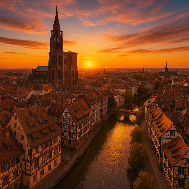 Panorama aérien de Strasbourg au crépuscule