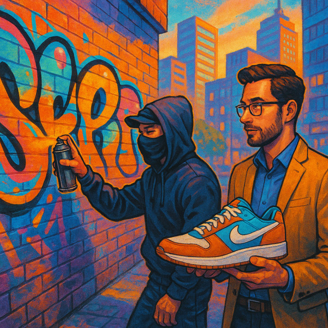 street artist peignant une fresque sous l'œil d'une marque