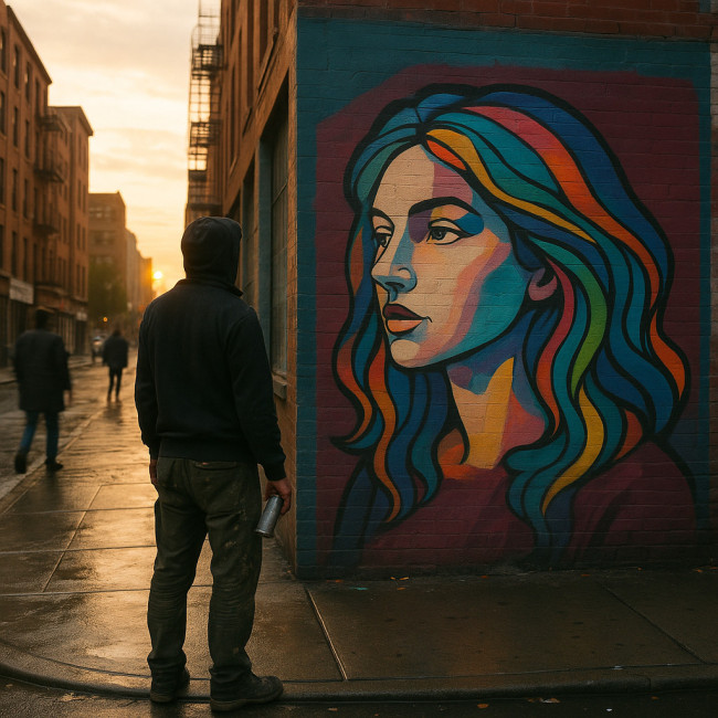 street artist photographiant une fresque dans la rue