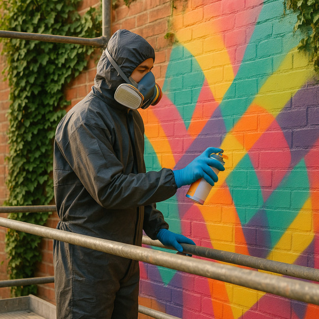 Street artist avec masque peignant un mur de façon éco-responsable