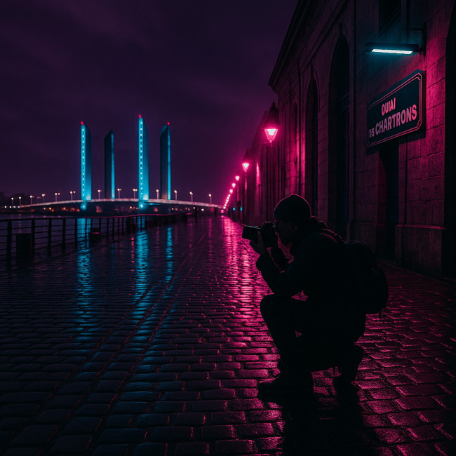 photographe capturant les néons des quais bordelais la nuit
