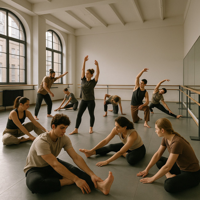 Danseurs en échauffement dans un studio de résidence