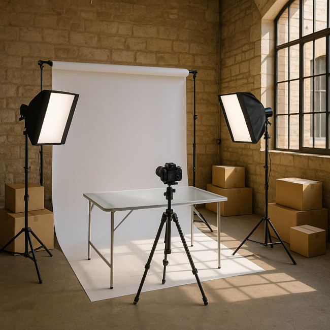 Studio photo mobile pour packshot en entrepôt marseillais