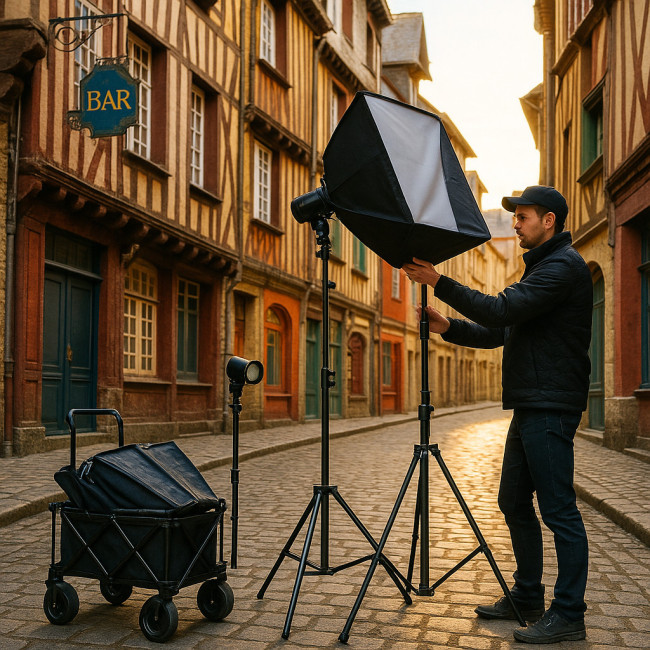 Studio mobile installé dans une ruelle pavée à Rennes