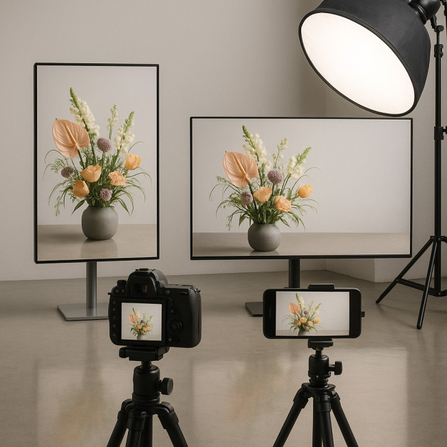 Setup studio photographiant un bouquet sous plusieurs formats
