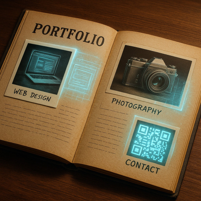 Portfolio hybride vintage et high-tech sur table