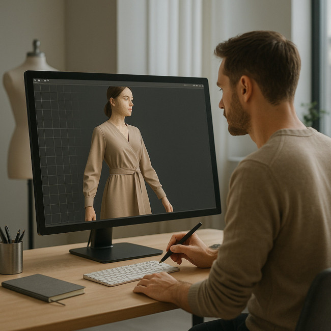 styliste ajustant une robe sur un avatar 3D