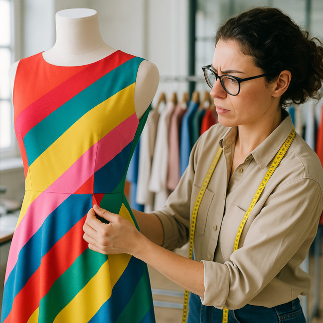 Styliste ajustant une robe sur mannequin dans studio, illustration du risque RC pro
