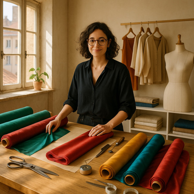 Styliste lyonnaise travaillant dans son atelier