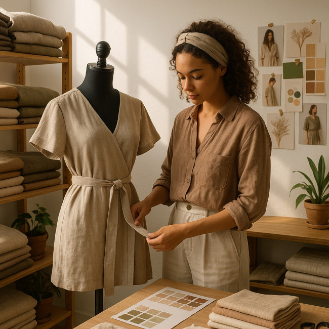 Styliste locale choisissant des tissus durables
