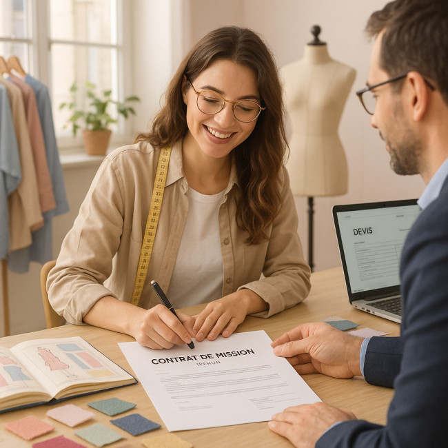 Styliste freelance signant un contrat de mission
