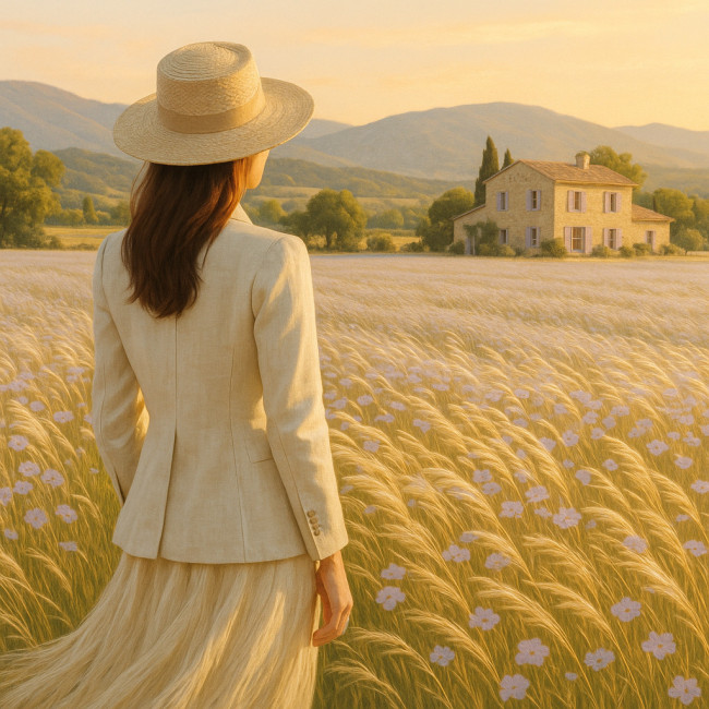 Styliste devant un champ de lin en Provence