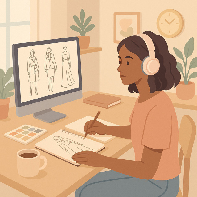 Styliste freelance suivant un MOOC mode avec un casque audio
