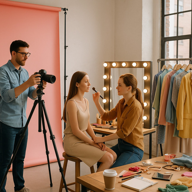 Photographe, styliste et MUA en studio préparant un pack photo